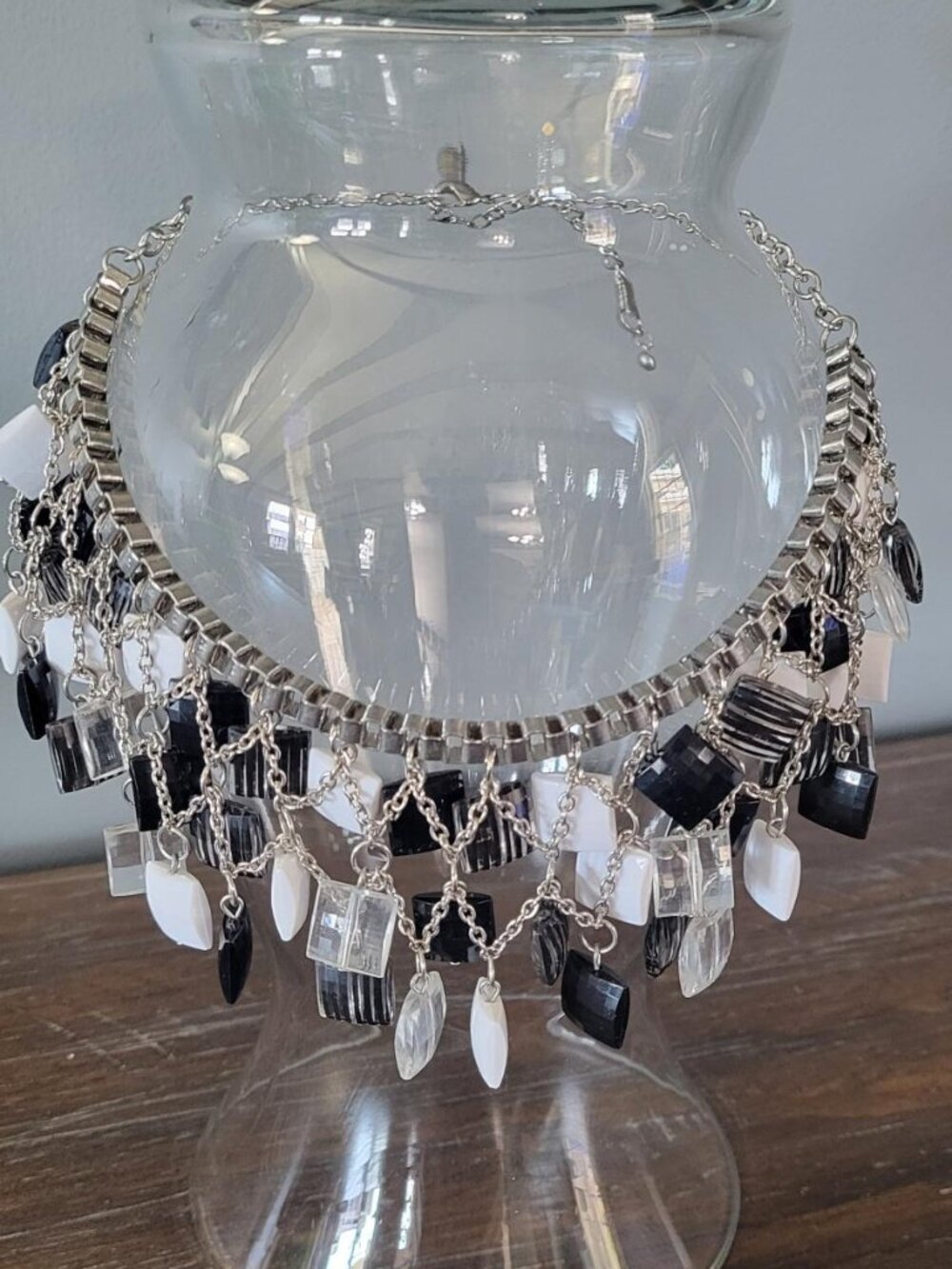 Necklace, Black, White and Clear Squares with Adjustable Silver Chain